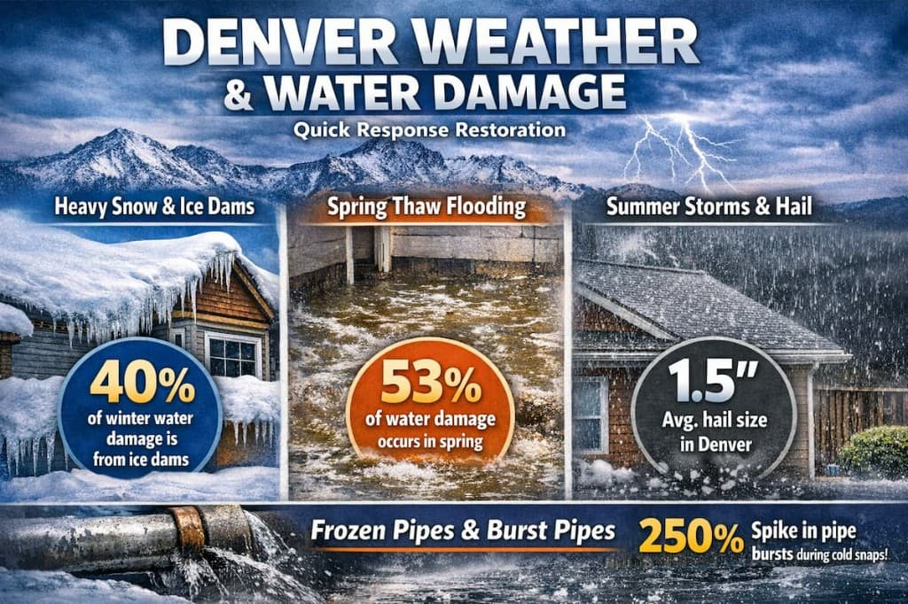 Infographic showing Denver weather risks including 40% of winter damage from ice dams, 53% of water damage in spring, 1.5-inch average hail in summer, and a 250% spike in burst pipes during cold snaps.